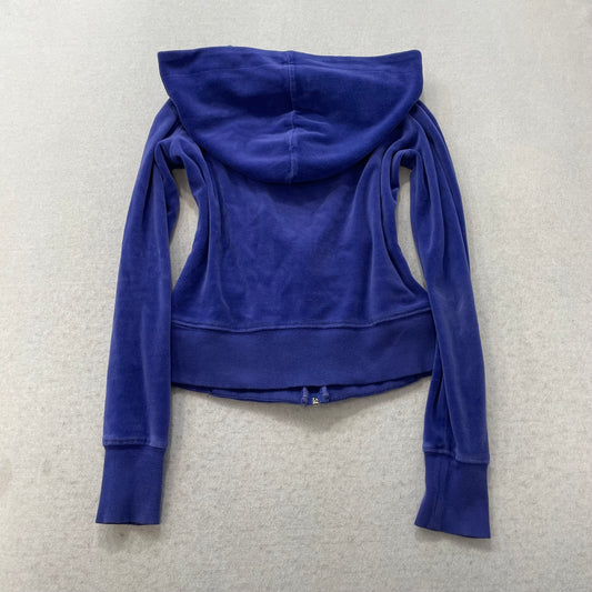 Bebe Women's Royal Blue Velour Full Zip Cropped Hoodie Rhinestone Logo Size S