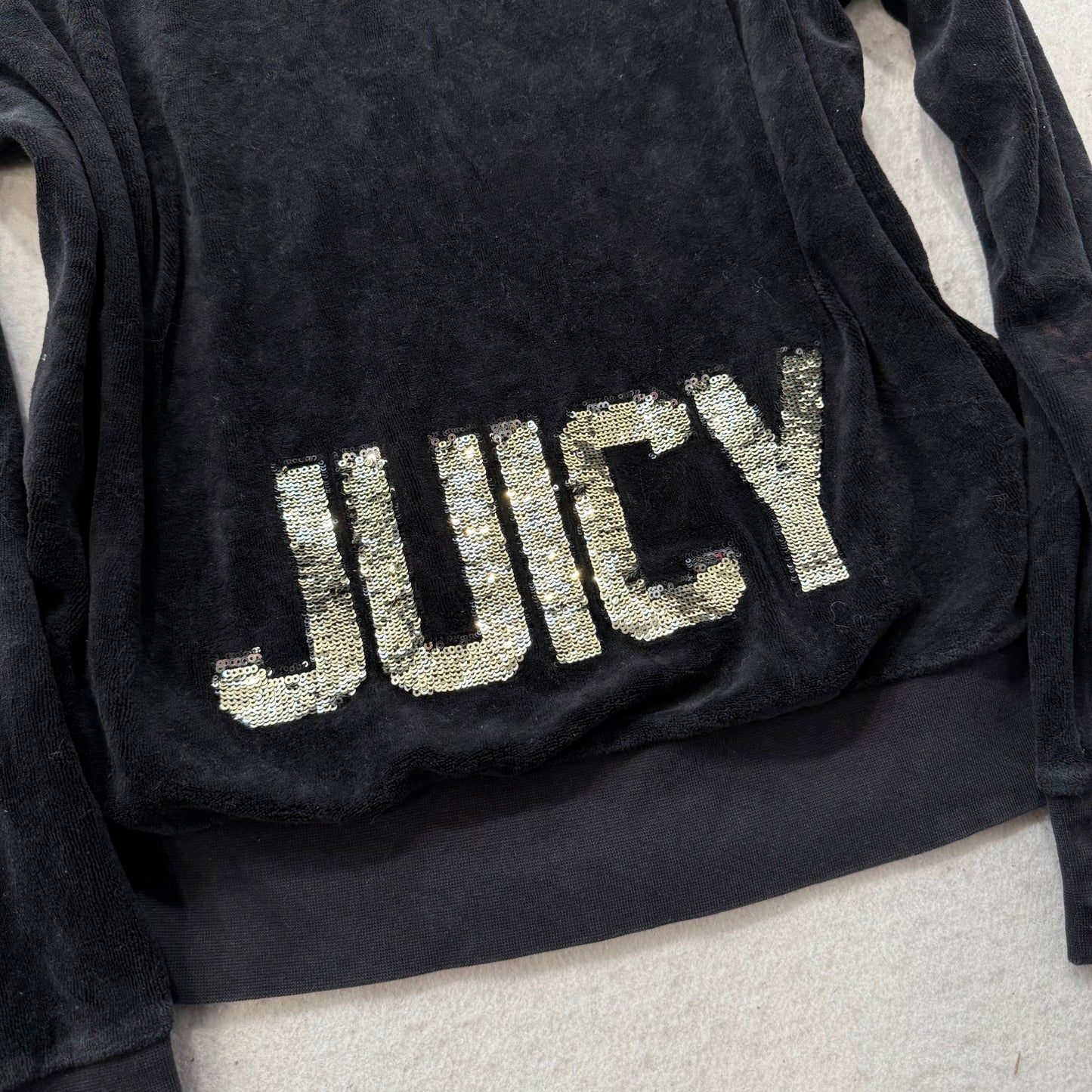 Juicy Couture Womens Black Velour Zip-Up Hoodie Gold Sequin Logo Spellout Size L