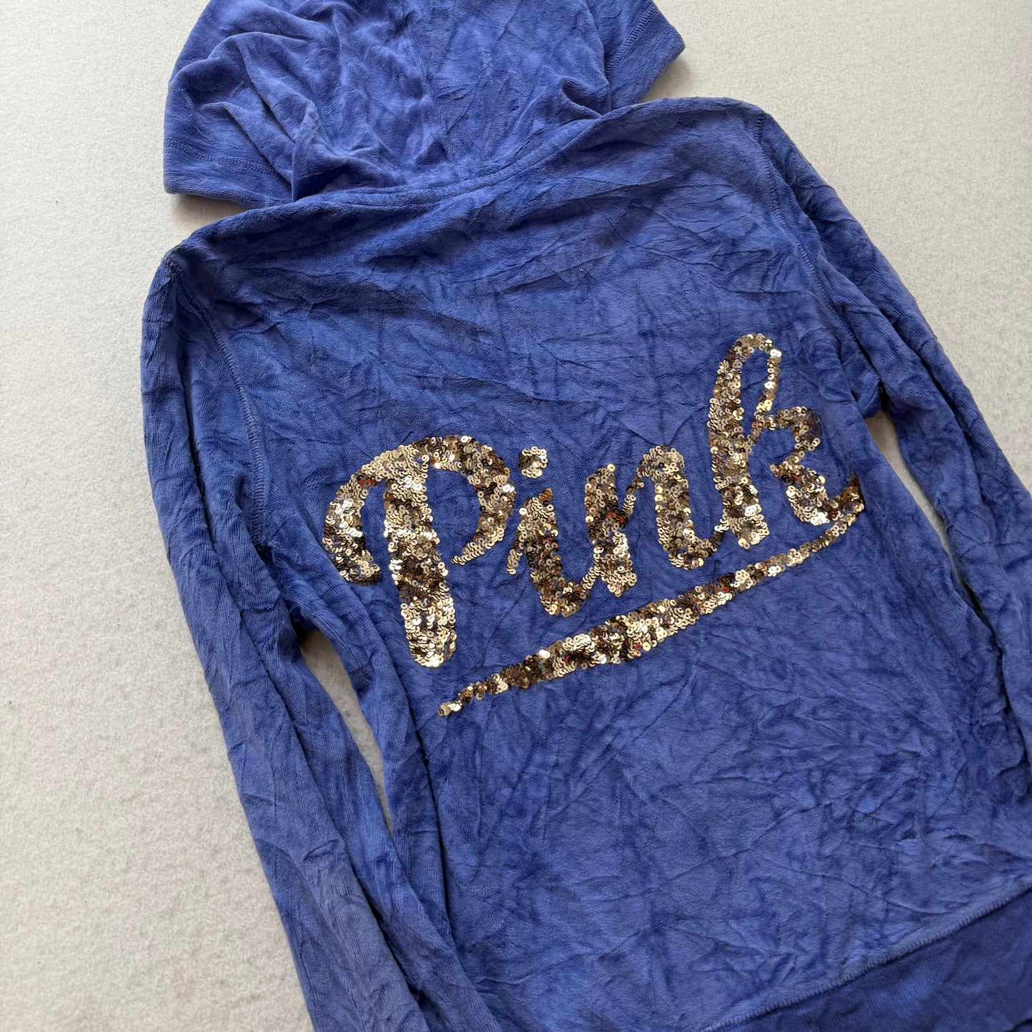 Victoria's Secret PINK Women's Deep Blue Velour Zip-Up Hoodie Gold Sequin Size M