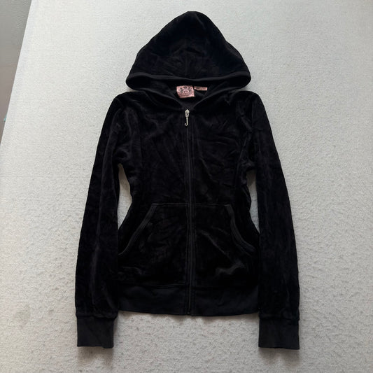 Juicy Couture Women's Black Velour Zip-Up Hoodie Loungewear Graphic Logo Size 12