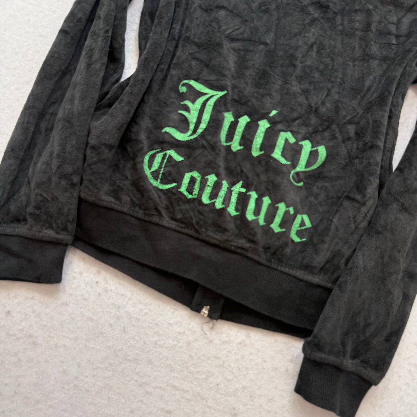 Juicy Couture Womens Charcoal Grey Velour Zip-Up Hoodie Graphic Logo Y2K Size XL