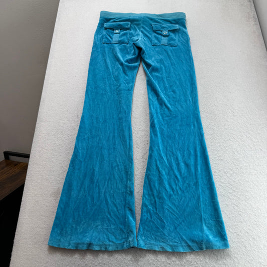 Vintage Juicy Couture Women's Ocean Blue Velour Flared Track Pant Pockets Size S
