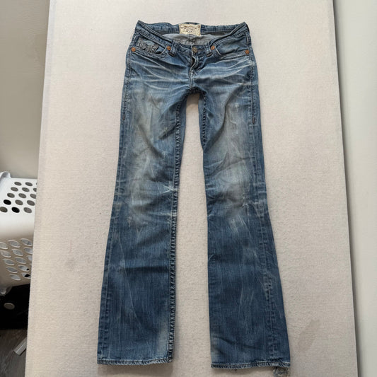 Big Star Women's Medium Wash Blue Denim Bootcut Jeans Raw Hem Low Rise Size 28