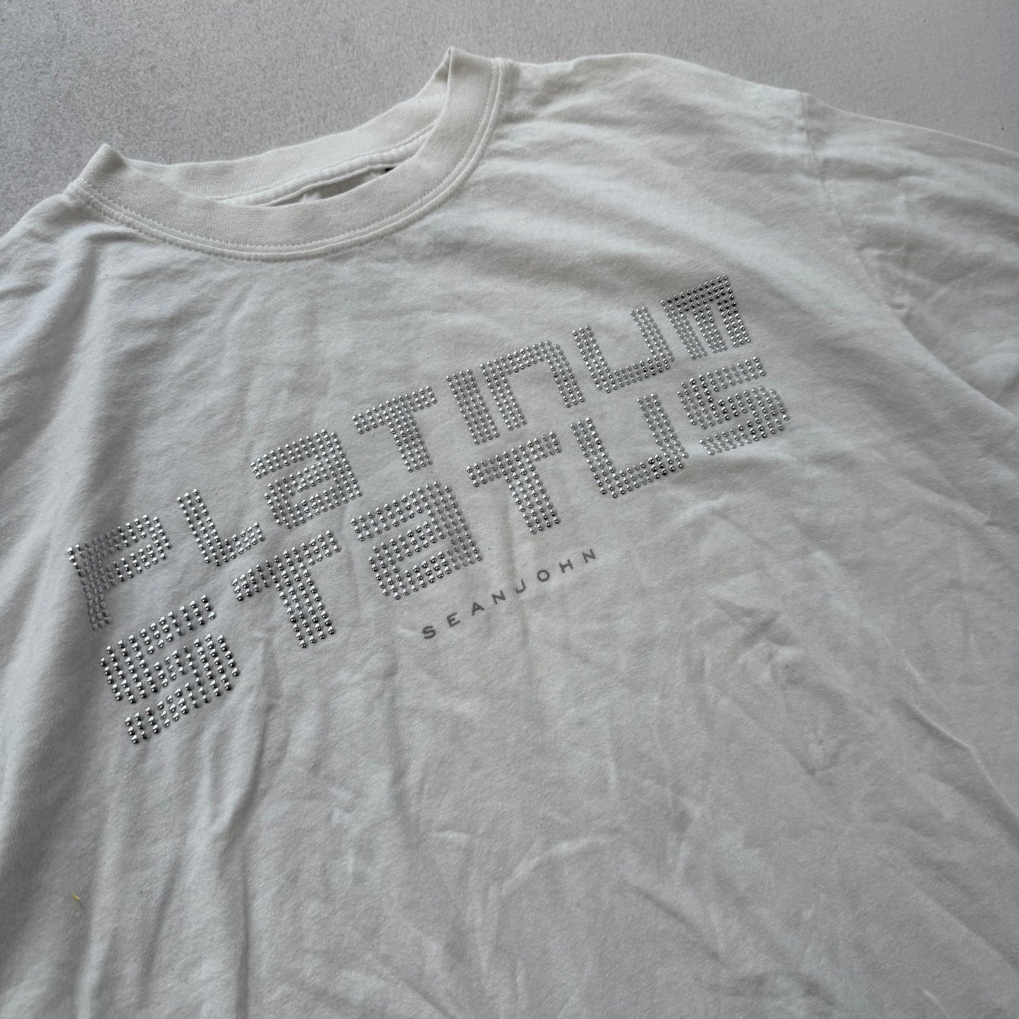Sean John Platinum Status Men's White Cotton T-Shirt Rhinestone Crew Tee Size XL