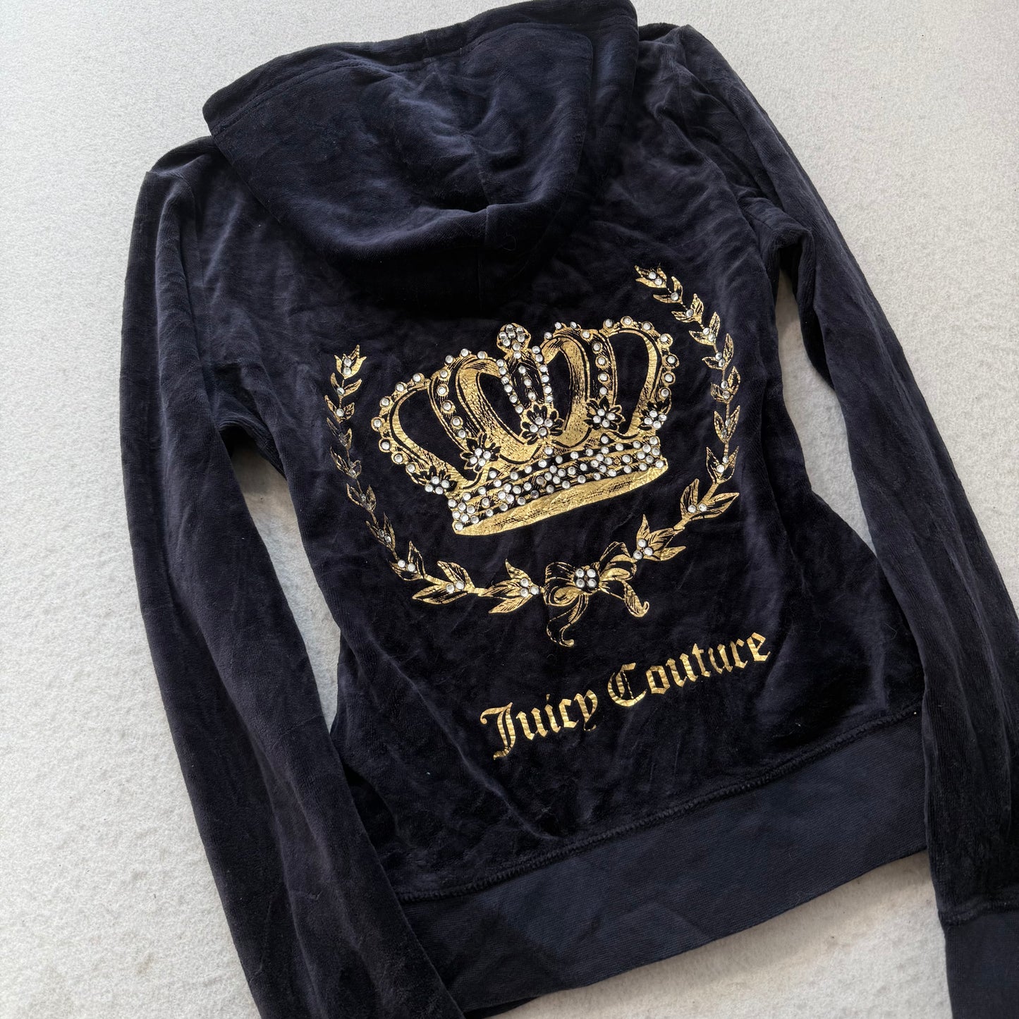 Juicy Couture Women Navy Velour Zip-Up Hoodie Gold Embellished Crown Logo Size M