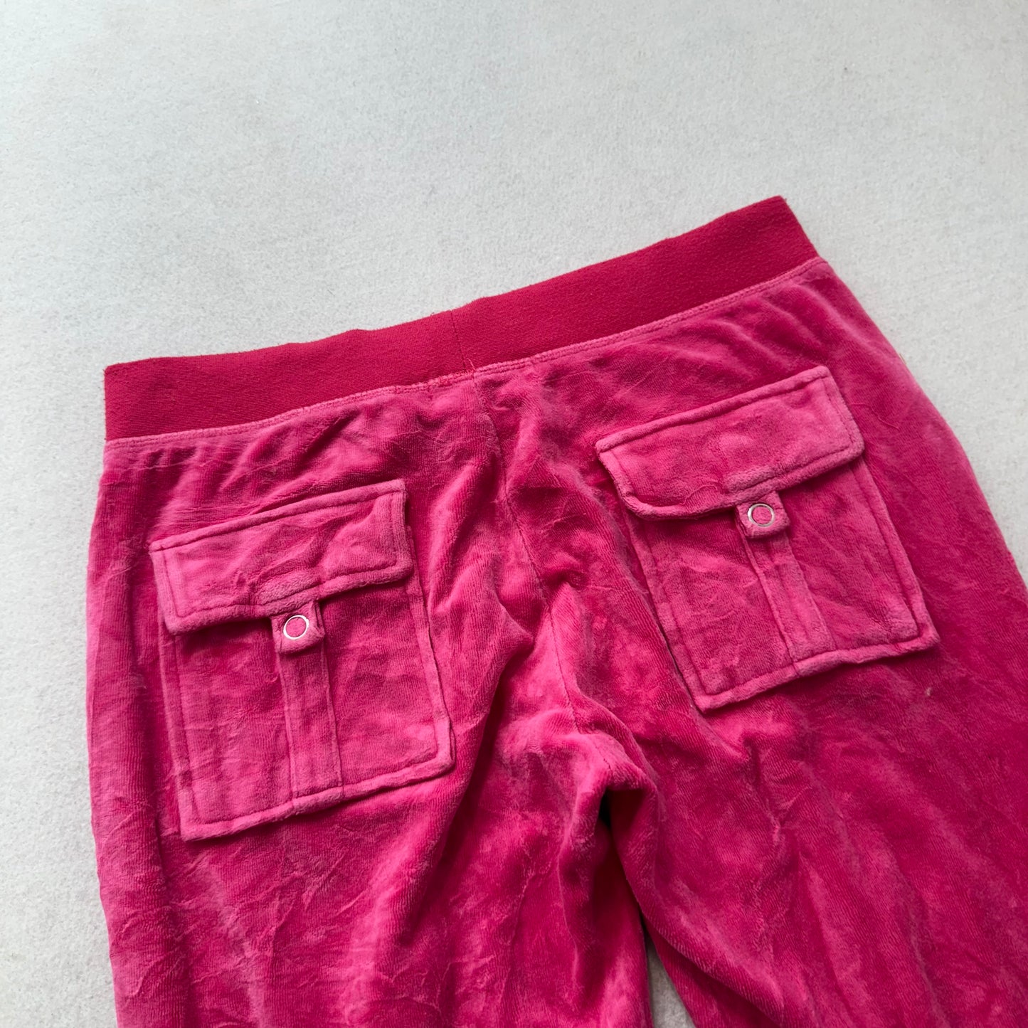 Vintage Juicy Couture Women's Hot Pink Velour Flared Track Pants Pockets Size L