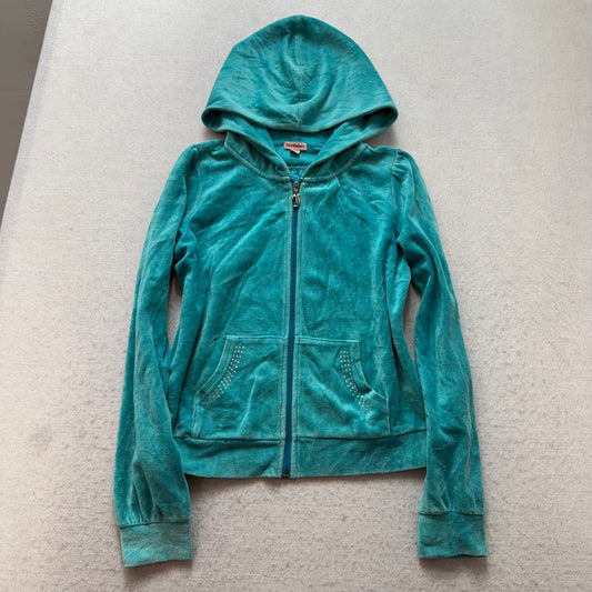 Juicy Couture Womens Teal Velour Zip-Up Hoodie Unicorn Graphic Logo Y2K Size L