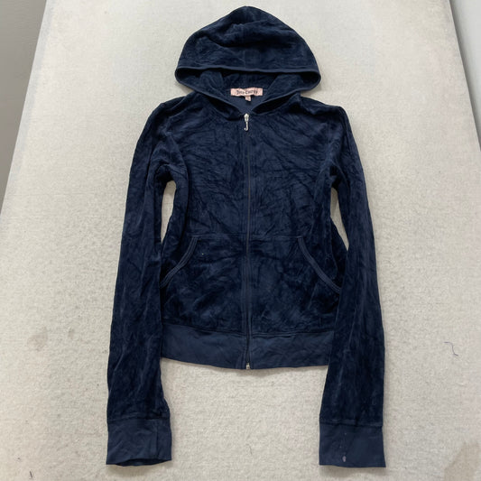 Juicy Couture Women's Navy Blue Velour Zip-Up Hoodie Floral Graphic Logo Size XL
