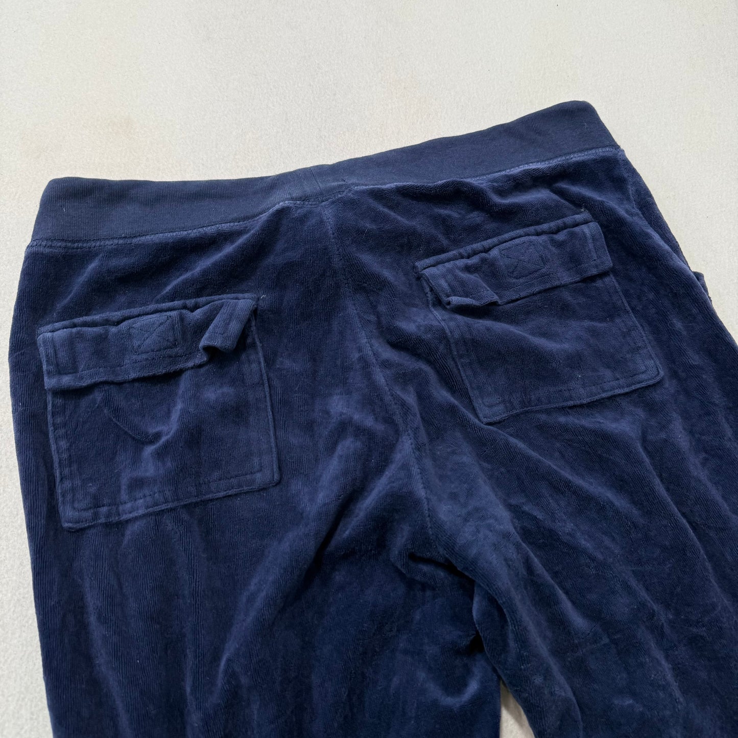 Vintage Juicy Couture Women Navy Velour Flare Track Pant Back Flap Pocket Size L