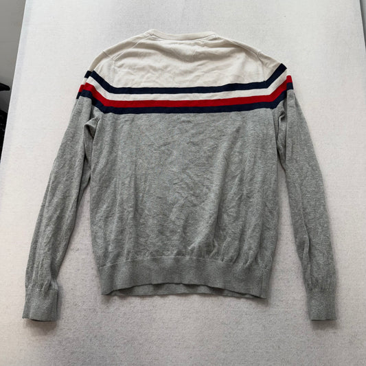 Tommy Hilfiger Men's Gray Striped Cotton Pullover Sweater Crew Neck Y2K Size M