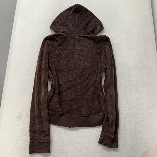 Juicy Couture Women's Brown Velour Zip Up Hoodie Split Kangaroo Pockets Size XL