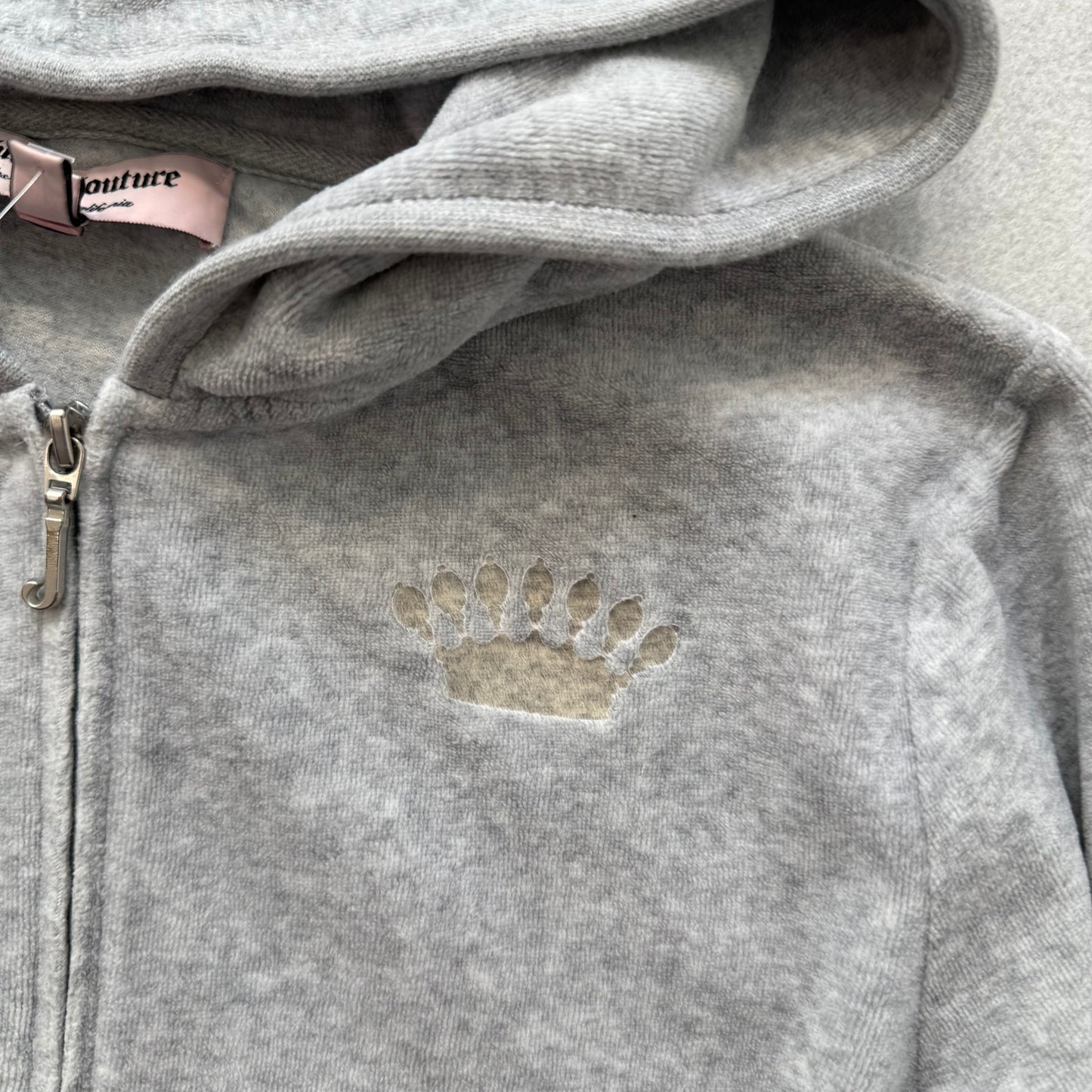 Juicy Couture Gray Velour Tracksuit Set Hoodie & Flare Pant Graphic Logo Size L