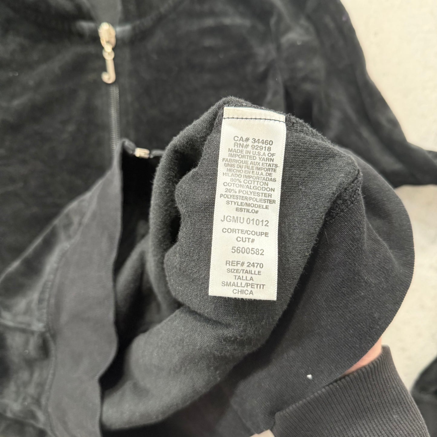 Vintage Juicy Couture Black Velour Tracksuit Set Zip Up Hoodie & Pant Y2K Size S
