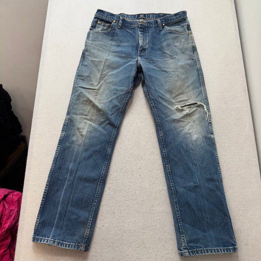 Wrangler 47MWZ Men's Blue Denim Jeans Medium Wash Distressed Regular Fit Size 36