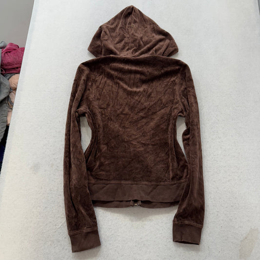Bebe Women's Chocolate Brown Velour Zip Up Hoodie Sequins Logo Loungewear Size M