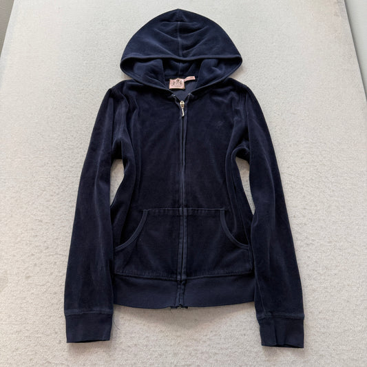 Juicy Couture Scottie Dogs Women's Navy Blue Velour Zip-Up Hoodie Logo Size M