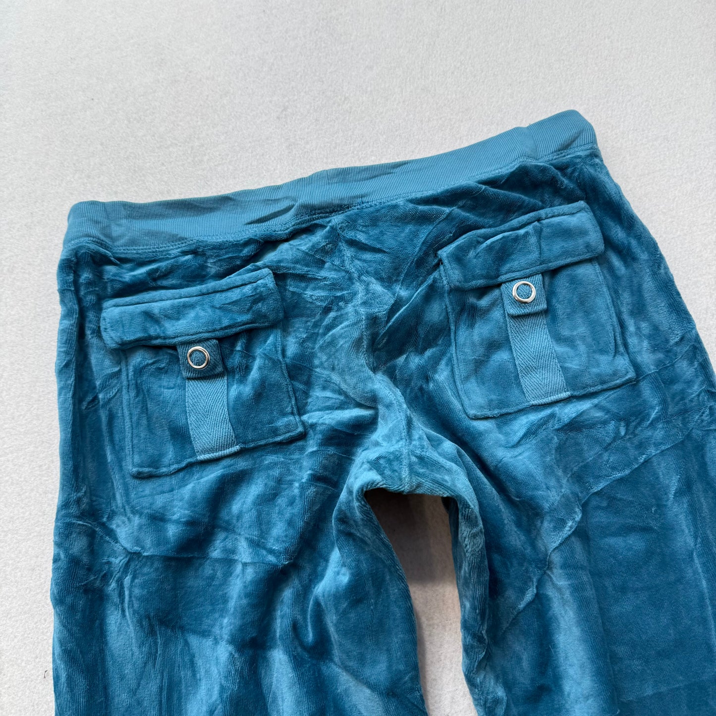 Juicy Couture Women Teal Velour Flare Track Pant Back Flap Pockets Casual Size P