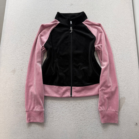 Juicy Couture Women's Black Pink Velour Zip-Up Track Jacket Rhinestone Logo - XL