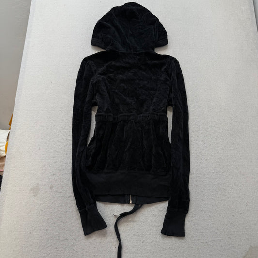 Juicy Couture Women's Black Velour Zip-Up Hoodie Drawstring Waist Pockets Size M
