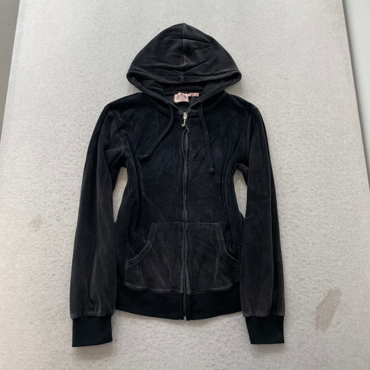 Vintage Juicy Couture Women Charcoal Grey Velour Zip-Up Hoodie Drawstring Size S