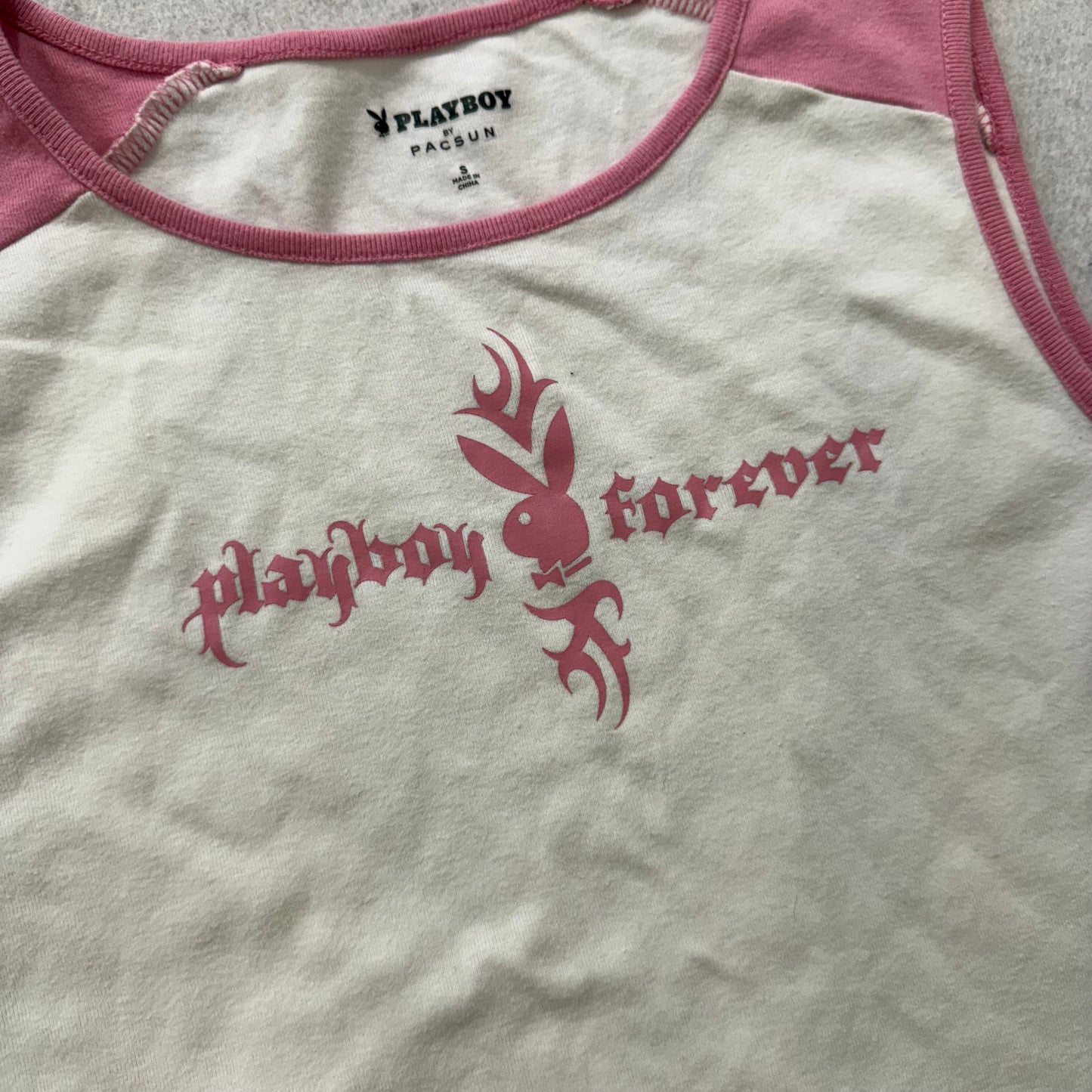 Playboy By Pacsun Women White Pink Cotton Cropped Tank Top Raglan Cut Y2K Size S