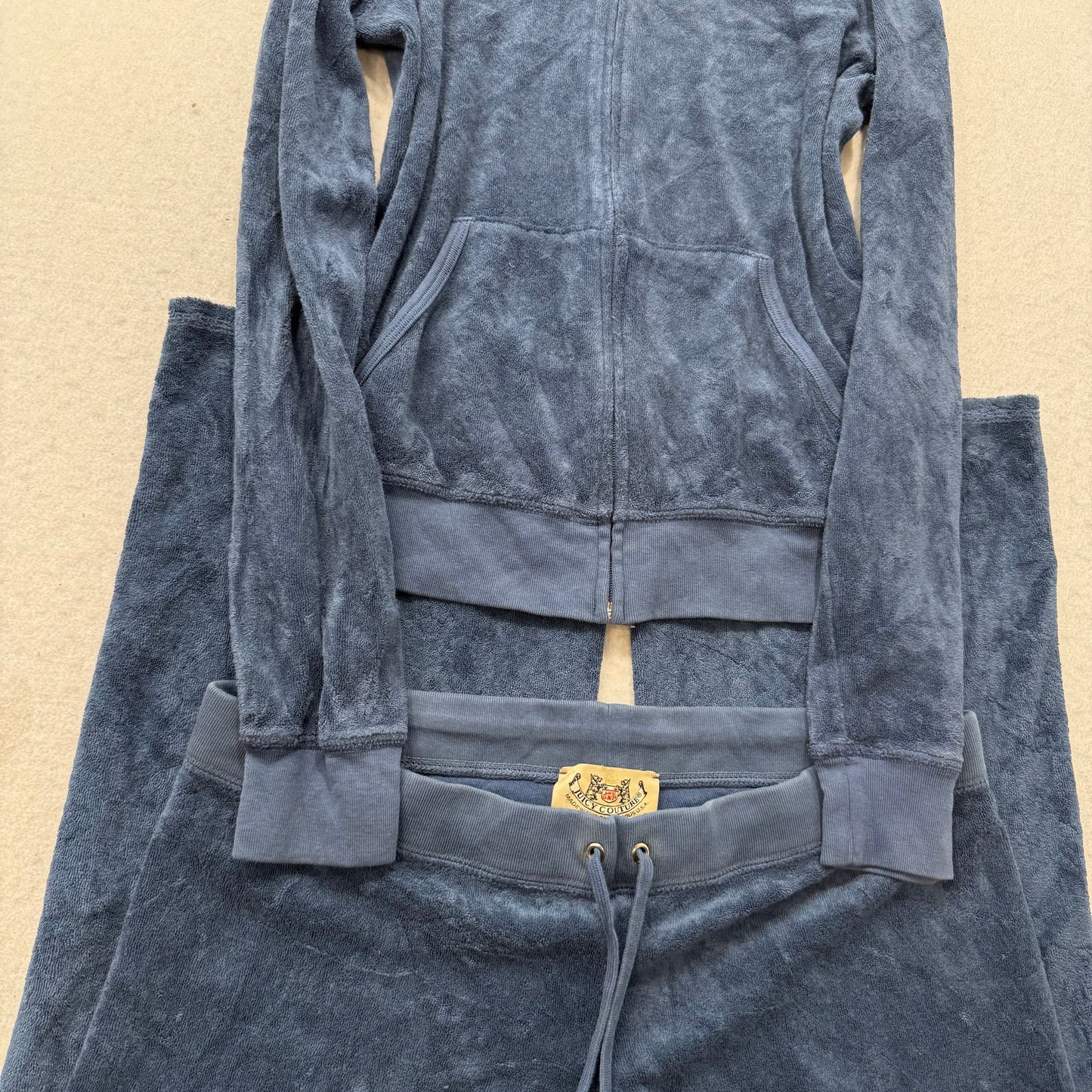 2003 Vtg Juicy Couture Steel Blue Terry Cloth Hoodie & Pant Tracksuit Set Size M
