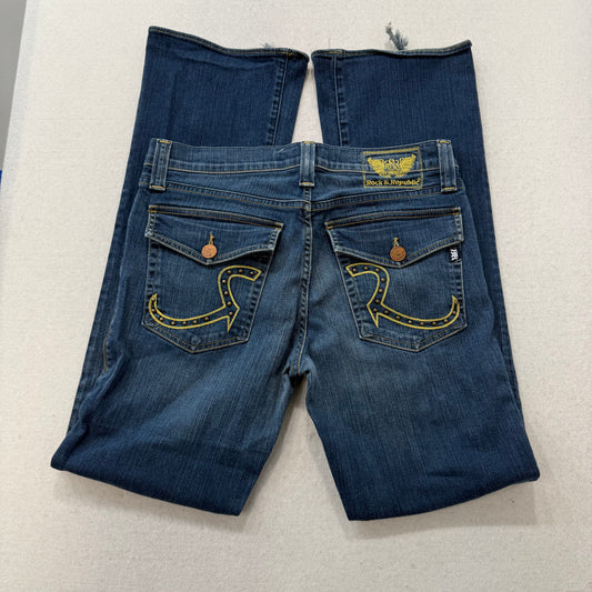 Rock & Republic Kasandra Blue Flared Bootcut Jeans Embroidered Low Rise Size 33