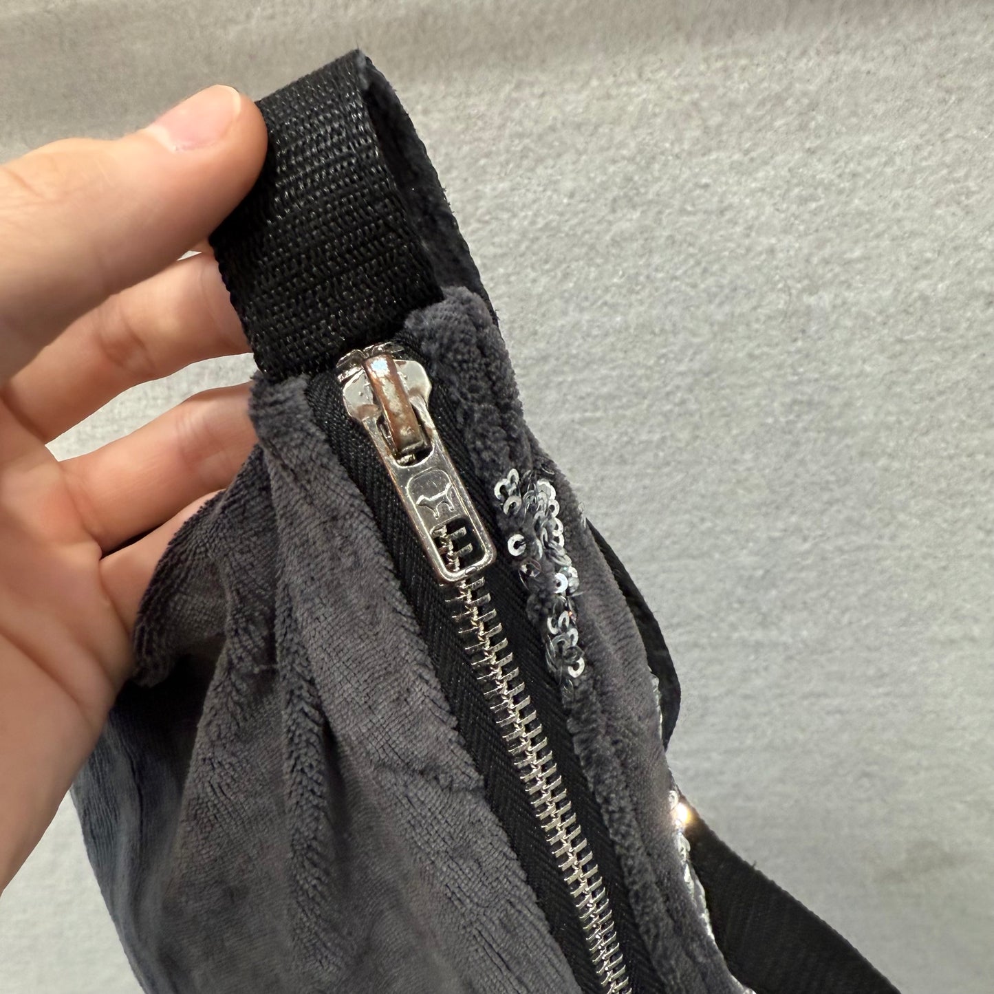 PINK Victoria Secret Black Velour Casual Wear Sequins Logo Shoulder Baguette Bag