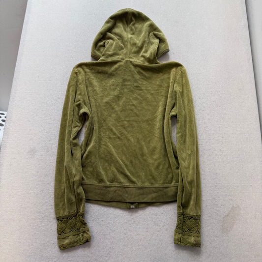 2003 Vintage Juicy Couture Women's Olive Green Velour Hoodie Lace Cuffs Size M