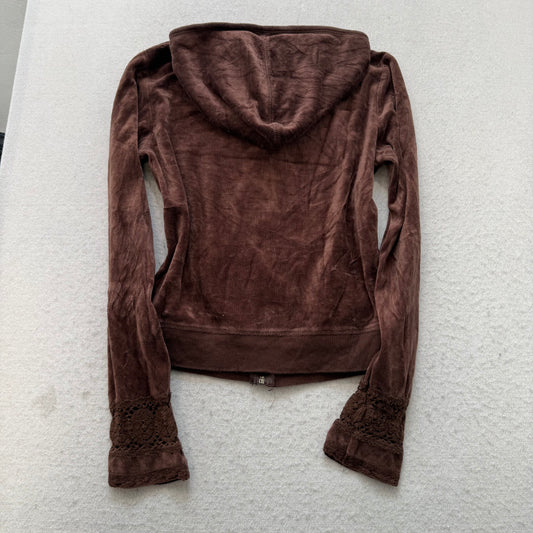 Vintage Juicy Couture Womens Brown Velour Zip-Up Hoodie Loungewear Pocket Size S