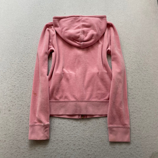 Juicy Couture Women's Rose Pink Velour Zip-Up Hoodie Drawstrings Pocket Size M