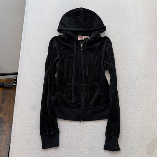 Juicy Couture “Scottie Dogs” Womens Jet Black Velour Zip Up Hoodie Preppy Size M