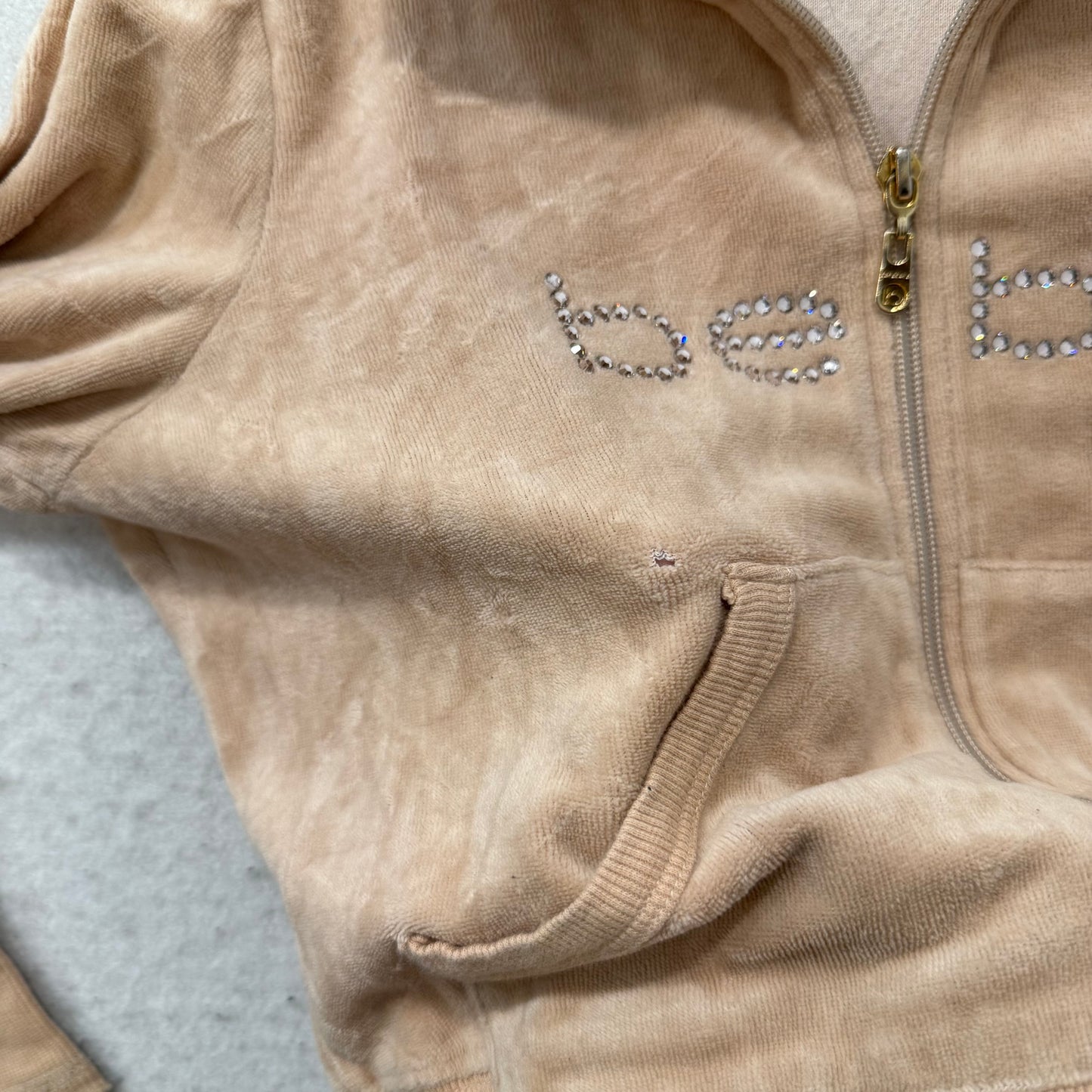 Bebe Women's Camel Velour Full Zip Track Jacket Rhinestones Logo Preppy Size L