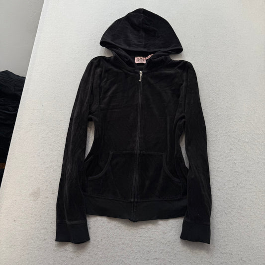 Vintage Juicy Couture Women's Black Velour Tracksuit Set Hoodie & Pant Size L/XL