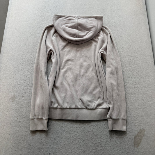 Juicy Couture Women's Grey Velour Zip-Up Hoodie Drawstring Pockets Metal Size L