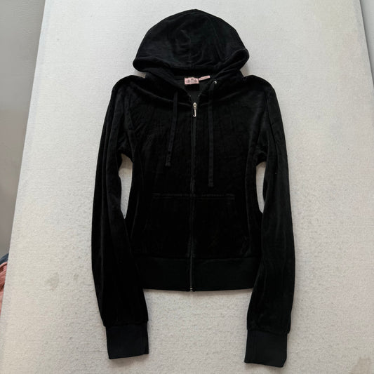 Juicy Couture Women's Black Velour Zip-Up Hoodie Crown Logo Pockets Y2k Size XL