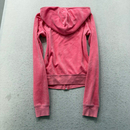 Vintage Juicy Couture Women's Pink Velour Zip-Up Hoodie Loungewear Pocket Size S