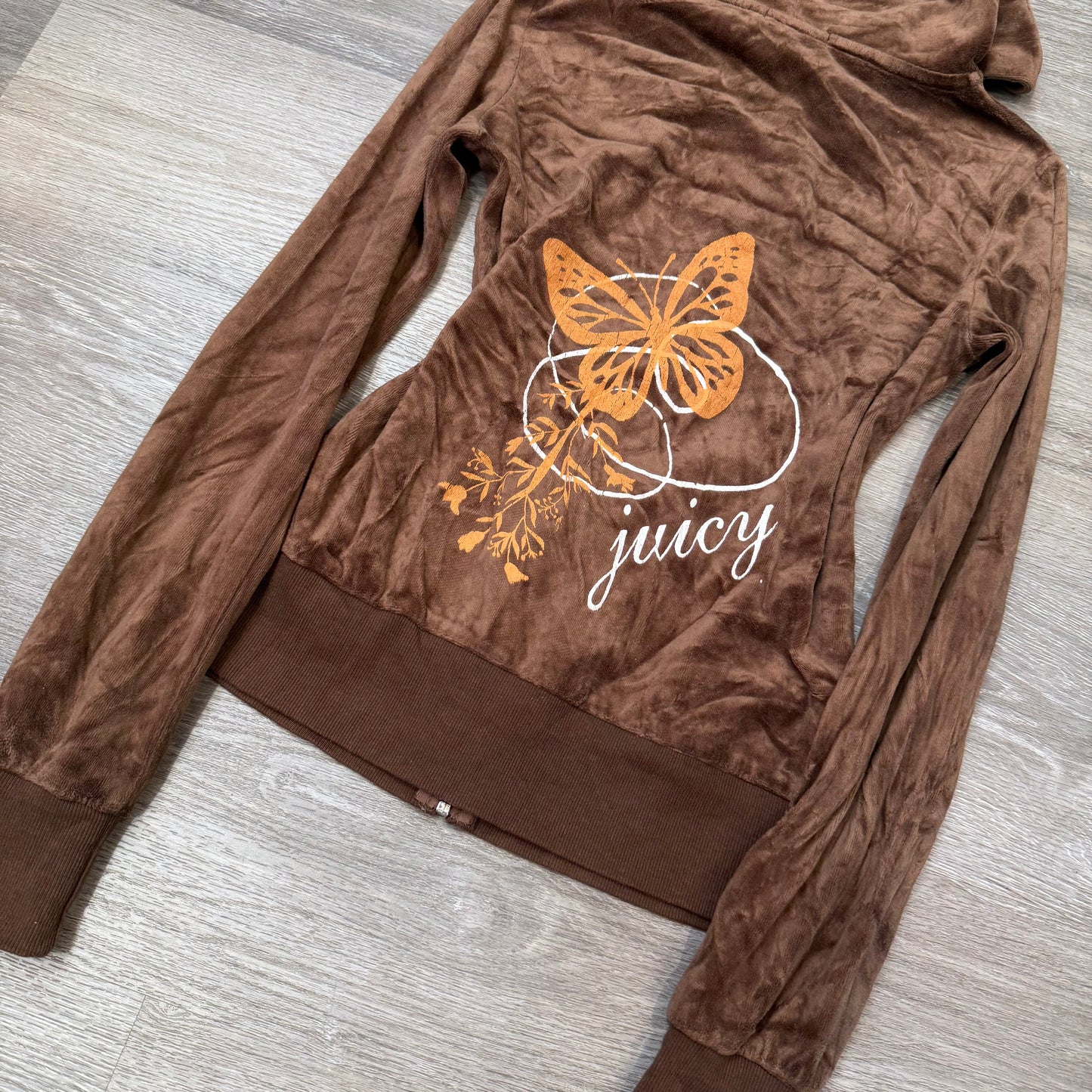 Vintage Juicy Couture Womens Brown Velour Zip-Up Hoodie Butterfly Graphic Size S