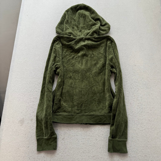 Juicy Couture Women's Olive Green Velour Full Zip Hoodie Kangaroo Pocket Size XL