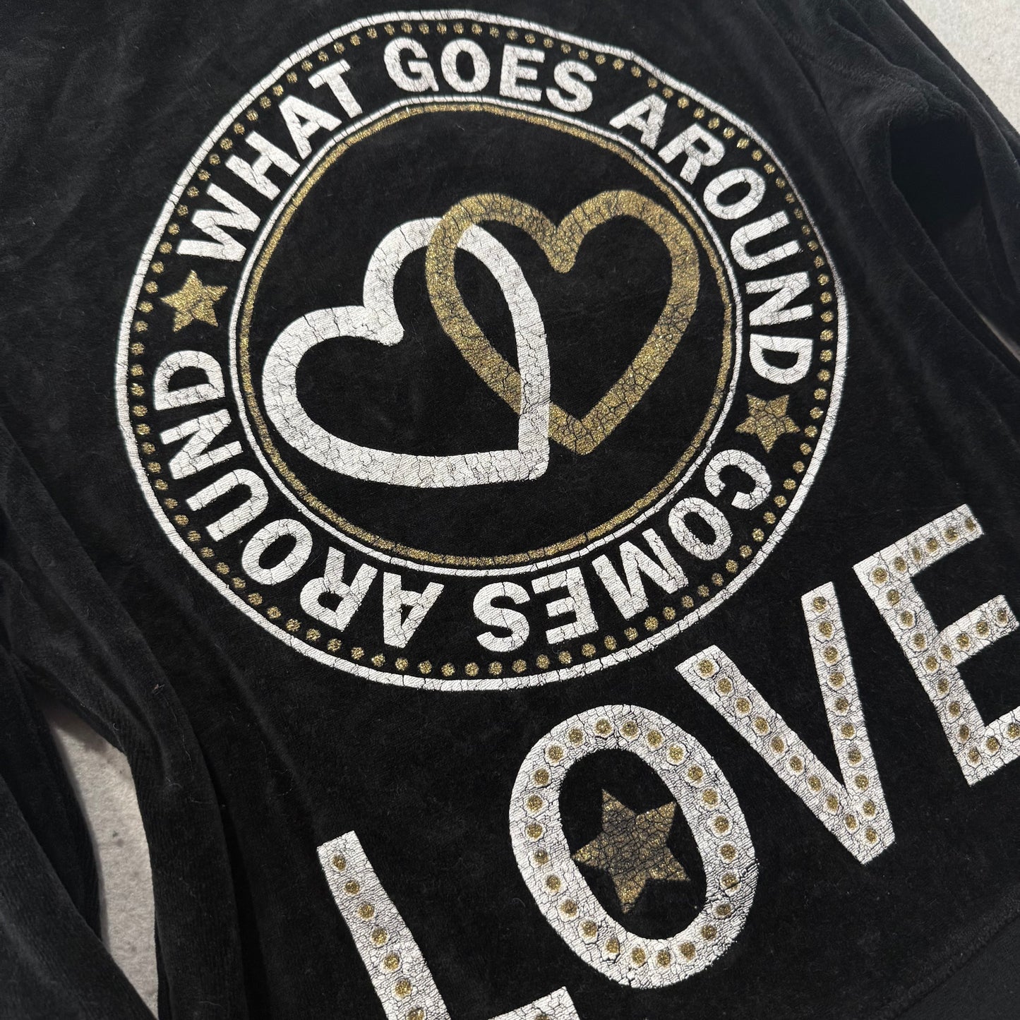 Juicy Couture What Goes Around Women's Black Velour Hoodie Glitter Print Size L