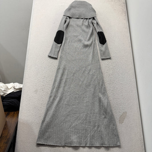 Calvin Klein Women's Gray Ribbed Knit Maxi Dress Turtleneck Elbow Patch Size M
