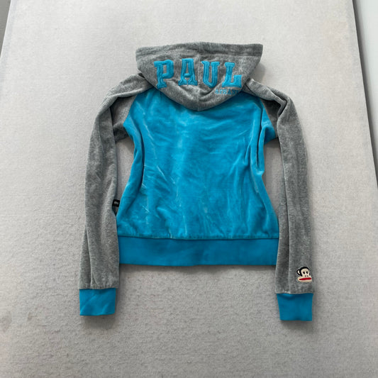 Paul Frank Women's Turquoise Blue Gray Velour Zip Up Cropped Hoodie Logo Size L