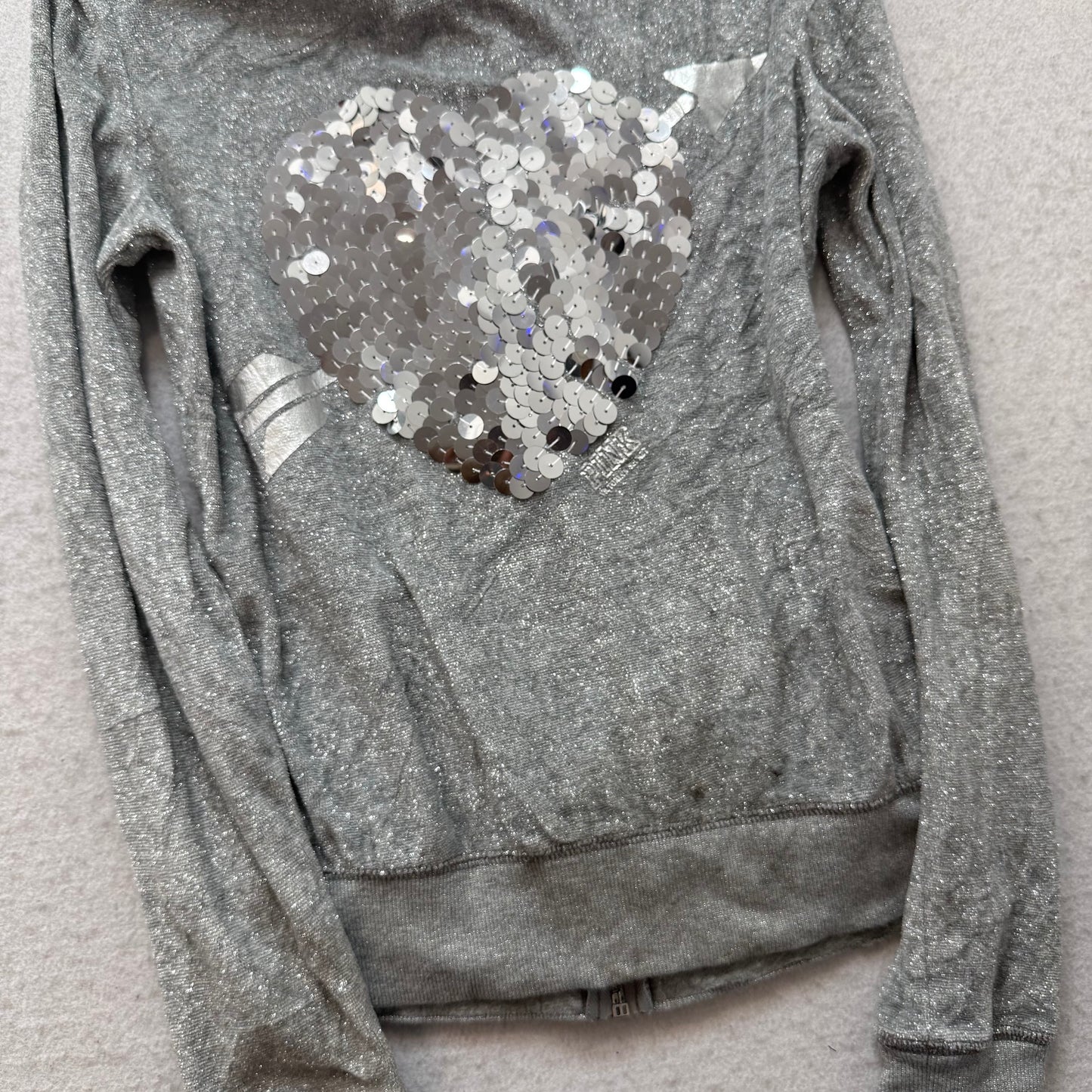 Victoria's Secret PINK Women's Gray Velour Zip-Up Hoodie Heart Sequin Size XS