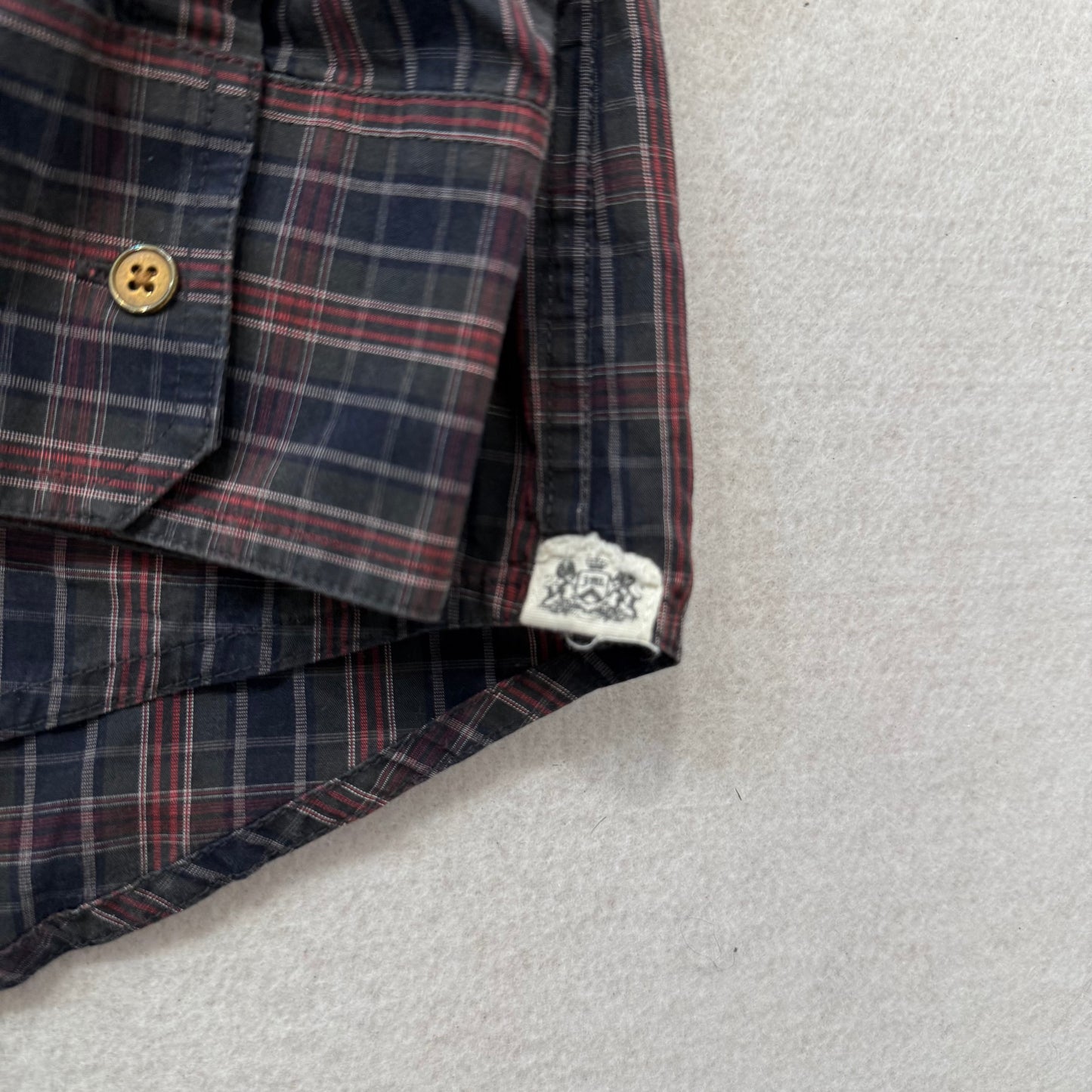 Vintage Juicy Couture Dirty English Plaid Button Up Gold Back Print XL Mens