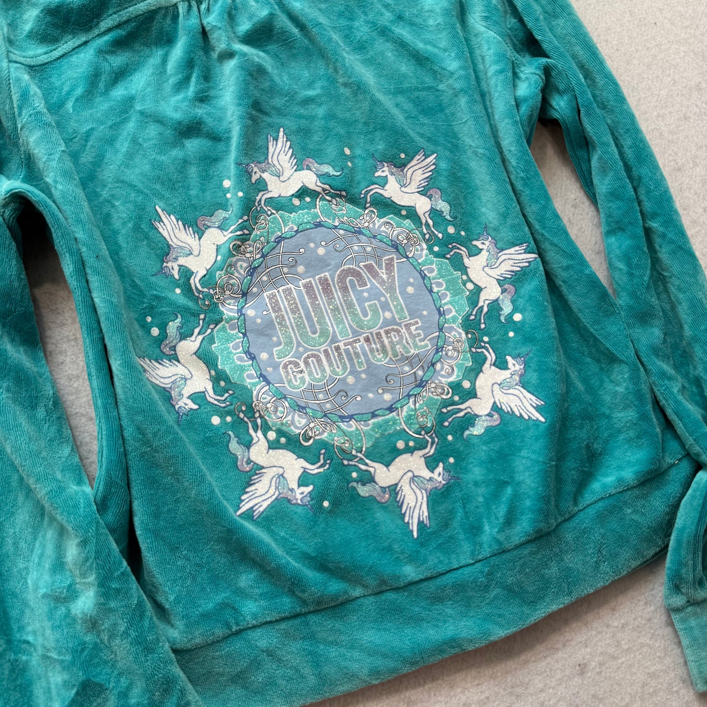 Juicy Couture Womens Teal Velour Zip-Up Hoodie Unicorn Graphic Logo Y2K Size L