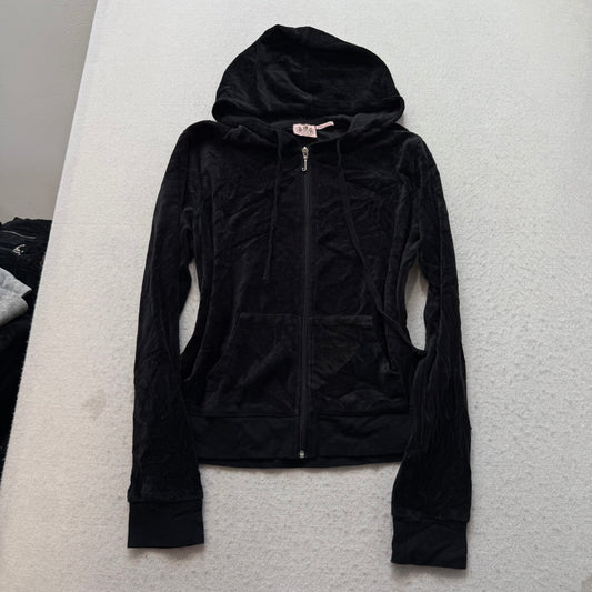 Vintage Juicy Couture Women's Black Velour Tracksuit Set Hoodie & Pant Y2k Size L