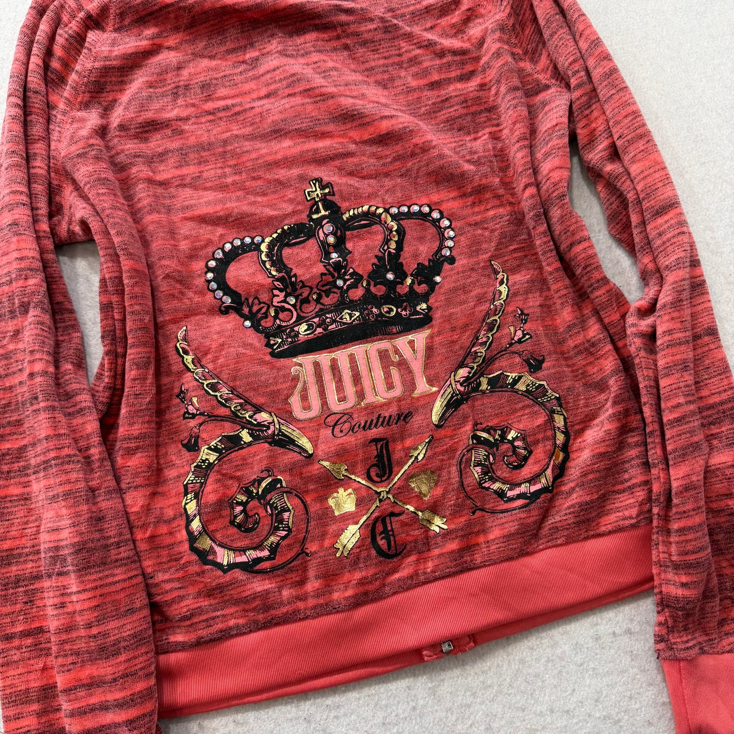 Juicy Couture Women's Orange Black Space Dye Zip-Up Hoodie Crown Logo Y2K Size L