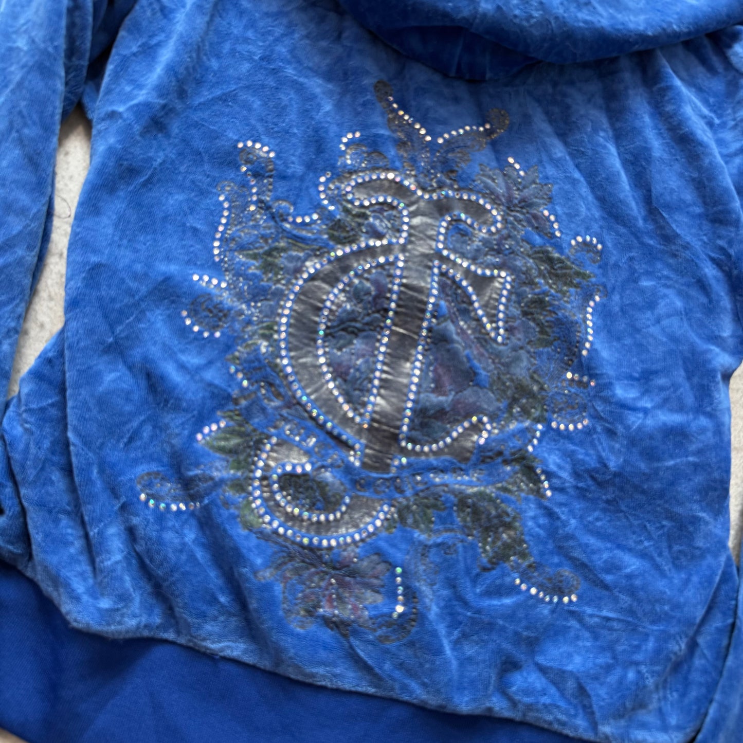 Juicy Couture Women's Royal Blue Velour Zip-Up Hoodie Rhinestones Logo Size XL