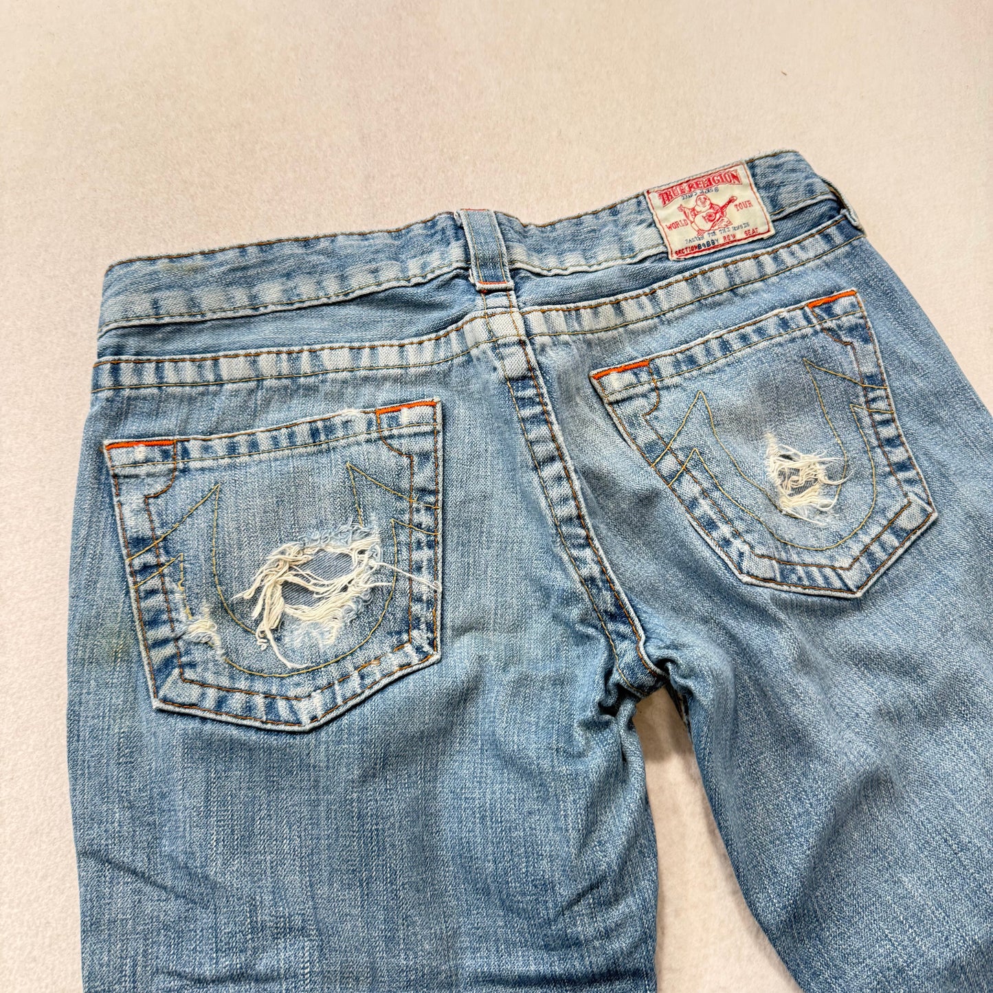 True Religion Blue Denim Cropped Flare Distressed Jeans Raw Hem Low Rise Size 30