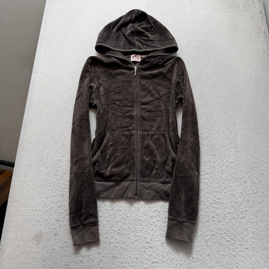 Vintage Juicy Couture Womens Chocolate Brown Velour Zip-Up Hoodie Graphic Size L
